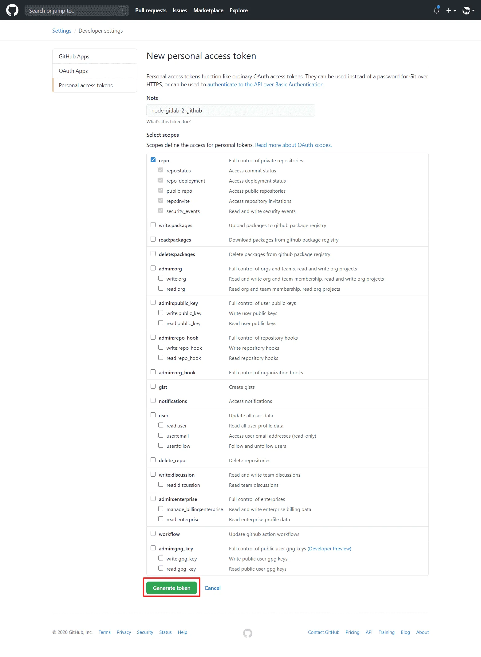 GitHubでのアクセストークン設定画面