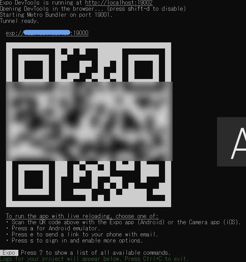 expo start時のQR表示画面