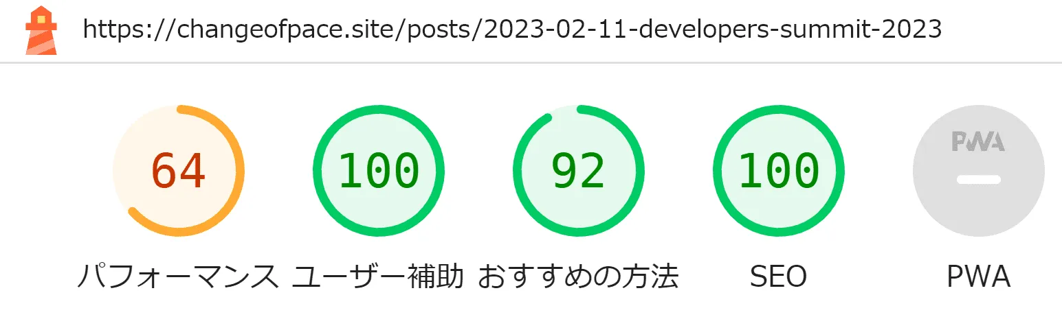 リプレース後のリンク多めページ・モバイルスコア - パフォーマンス:64, ユーザー補助:100, おすすめの方法:92, SEO:100