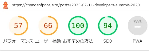 リプレース前のリンク多めページ・モバイルスコア - パフォーマンス:57, ユーザー補助:66, おすすめの方法:100, SEO:94
