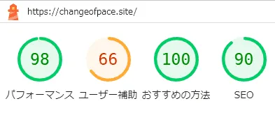 リプレース前のトップページ・デスクトップスコア - パフォーマンス：98, ユーザー補助：66, おすすめの方法：100, SEO：90