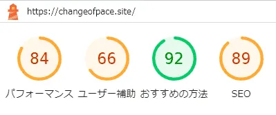 リプレース前のトップページ・モバイルスコア - パフォーマンス:84, ユーザー補助:66, おすすめの方法:92, SEO:89