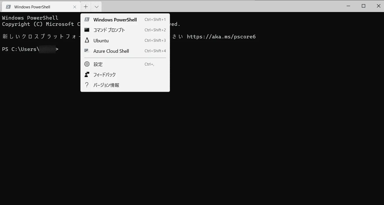 Windows Terminalのターミナル（プロファイル）一覧を表示した状態の画面